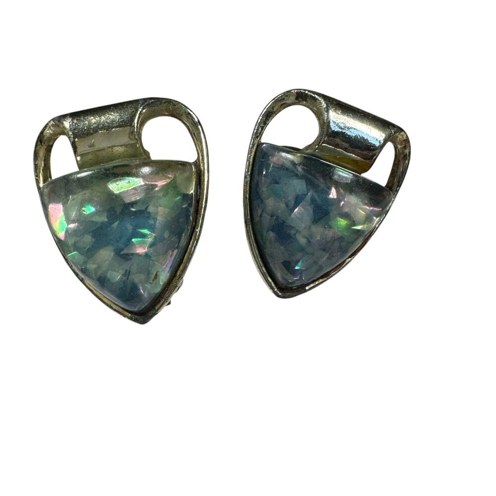 VTG Coro Moonglow Thermoset Blue Confetti Shield Silver Tone Clip On Earrings